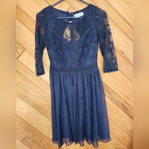 Filly Flair dark navy blue embroidered mesh sleeve and lace top small dress